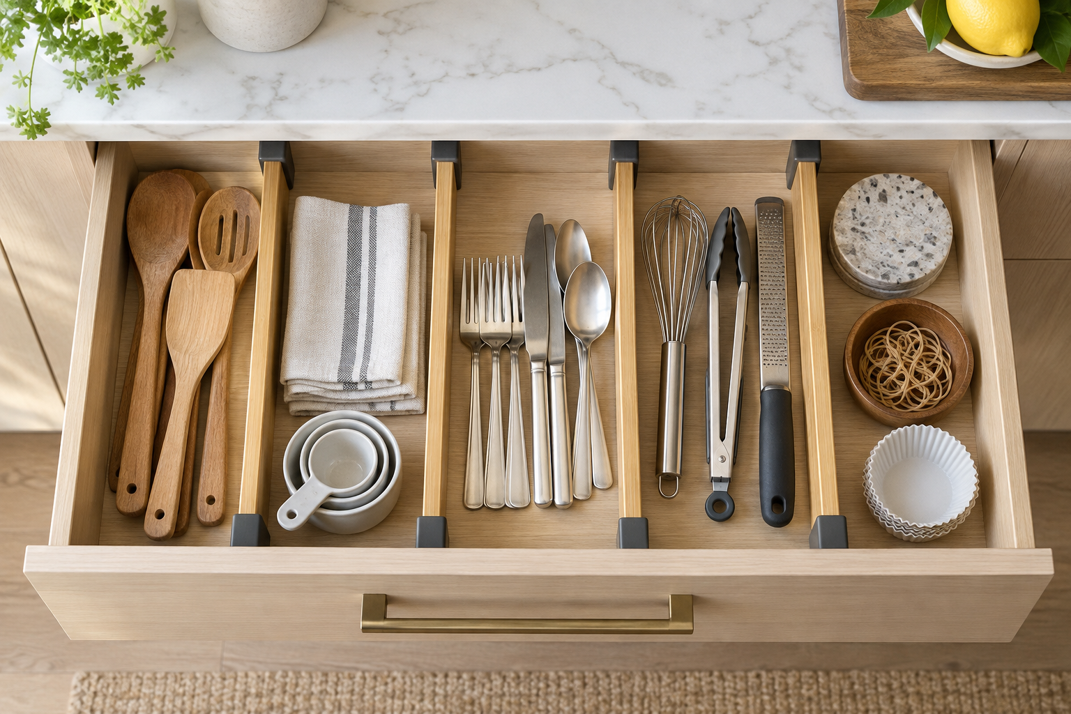 Organised kitchen drawer with four bamboo dividers
