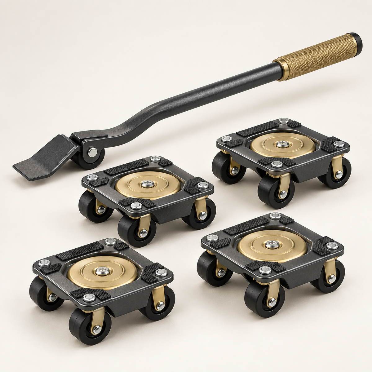 MoveMate furniture lifting lever and four swivel dollies