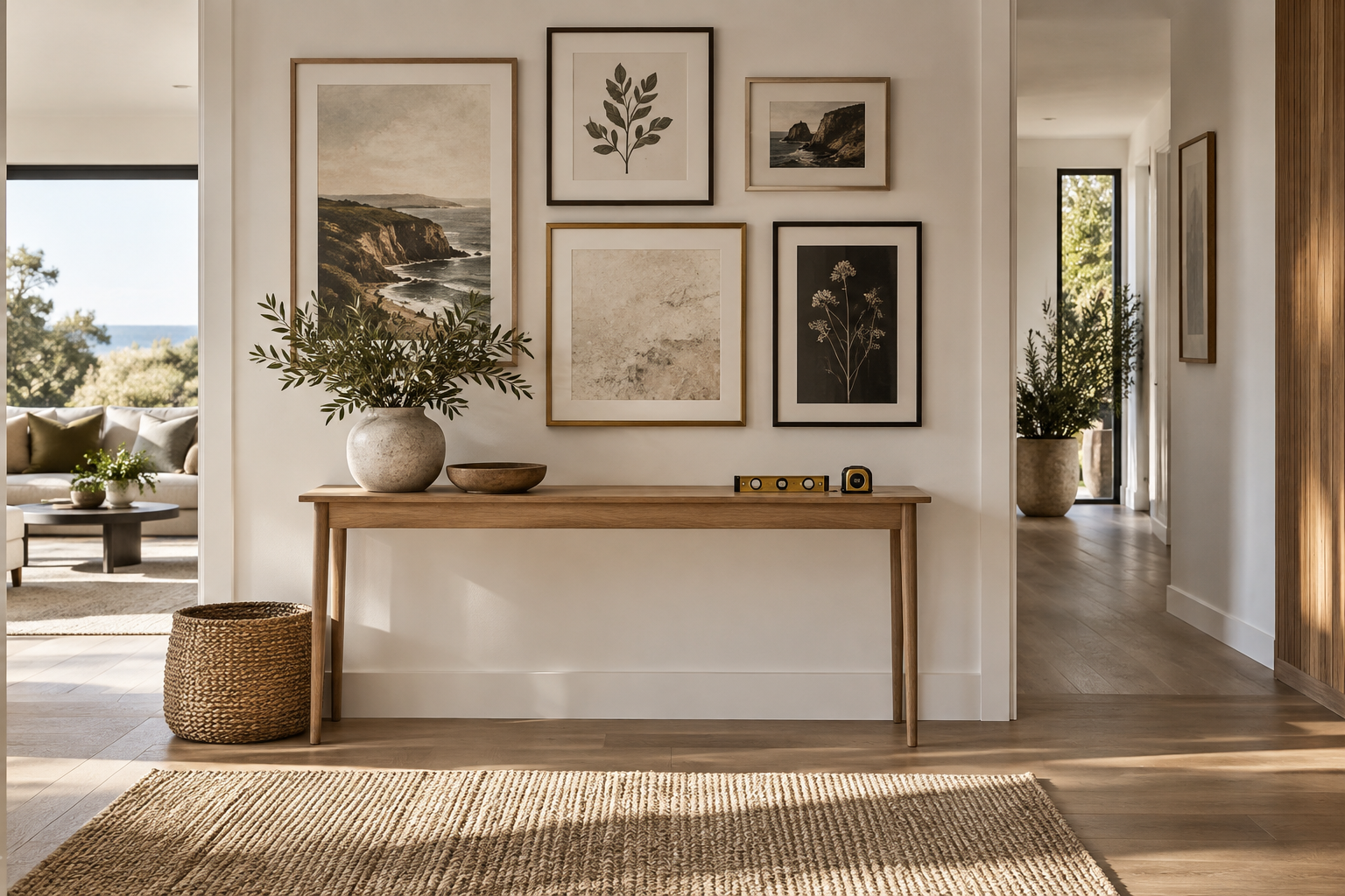 Modern gallery wall arranged with precision